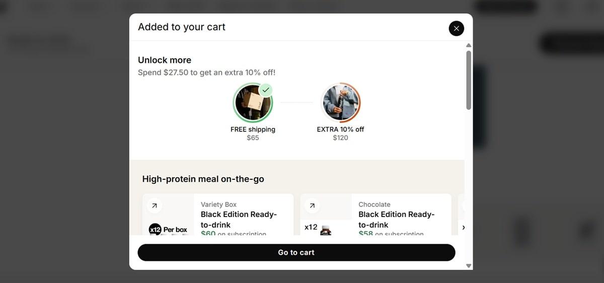 Huel popup showing cross-selling offer with product recommendations and special pricing, demonstrating effective popup upselling strategy with clear value proposition
